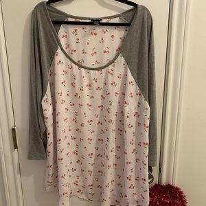Torrid top, grey arms and white with cherries, size 3, NWOT